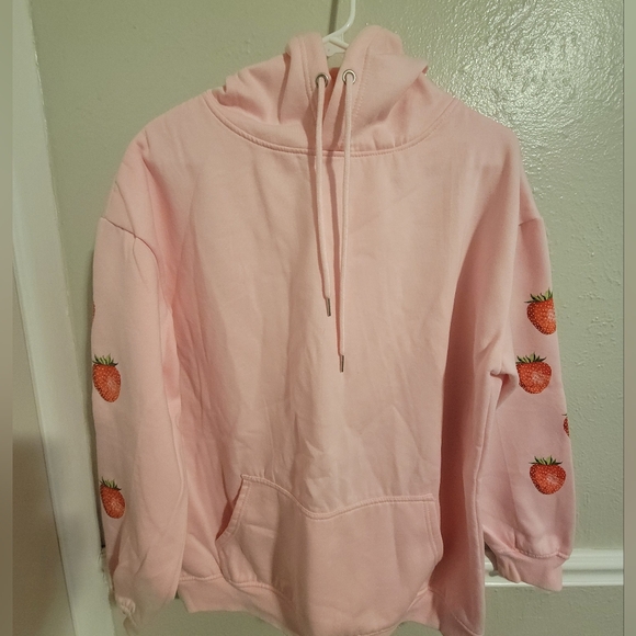 Tops - Pink Hoodie with Strawberry Lined Sleeves